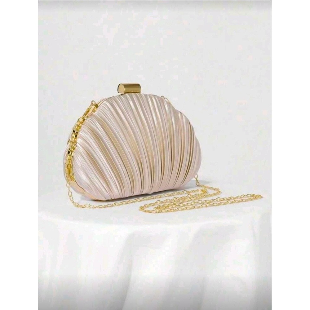 Elegant Pleated Shell Clutch Evening Handbag Gold Chain Strap - Picture 3 of 8